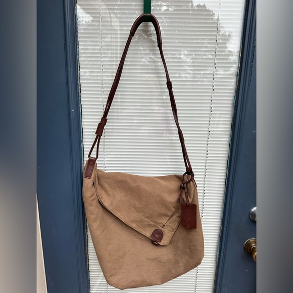Asymmetrical Leather Cotton Canvas Brown Fold Over Crossbody Messenger Bag - Picture 2 of 16